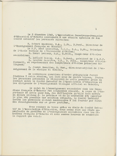 Reproduction de la premi&egrave;re page de Une &eacute;tude sur l’&eacute;tat des &eacute;coles bilingues de l’Ontario, par Robert Gauthier, Ren&eacute; Lamoureux, Henri Lemieux, Ad&eacute;lard Gascon, Laurier Carri&egrave;re et Joseph Beaulieu, octobre 1944.