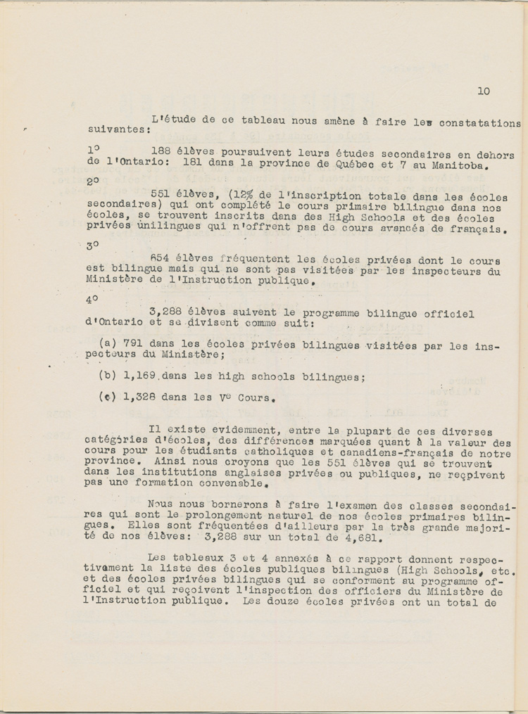 Reproduction de la dixi&egrave;me page de Une &eacute;tude sur l’&eacute;tat des &eacute;coles bilingues de l’Ontario, par Robert Gauthier, Ren&eacute; Lamoureux, Henri Lemieux, Ad&eacute;lard Gascon, Laurier Carri&egrave;re et Joseph Beaulieu, octobre 1944.
