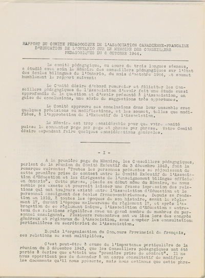 Reproduction de la onzi&egrave;me page de Une &eacute;tude sur l’&eacute;tat des &eacute;coles bilingues de l’Ontario, par Robert Gauthier, Ren&eacute; Lamoureux, Henri Lemieux, Ad&eacute;lard Gascon, Laurier Carri&egrave;re et Joseph Beaulieu, octobre 1944.
