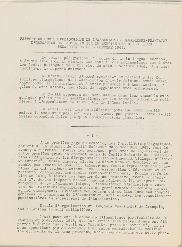 Reproduction de la onzi&egrave;me page de Une &eacute;tude sur l’&eacute;tat des &eacute;coles bilingues de l’Ontario, par Robert Gauthier, Ren&eacute; Lamoureux, Henri Lemieux, Ad&eacute;lard Gascon, Laurier Carri&egrave;re et Joseph Beaulieu, octobre 1944.