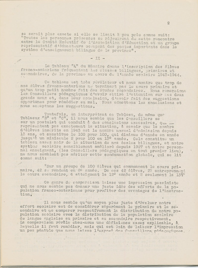 Reproduction de la douzi&egrave;me page de Une &eacute;tude sur l’&eacute;tat des &eacute;coles bilingues de l’Ontario, par Robert Gauthier, Ren&eacute; Lamoureux, Henri Lemieux, Ad&eacute;lard Gascon, Laurier Carri&egrave;re et Joseph Beaulieu, octobre 1944.