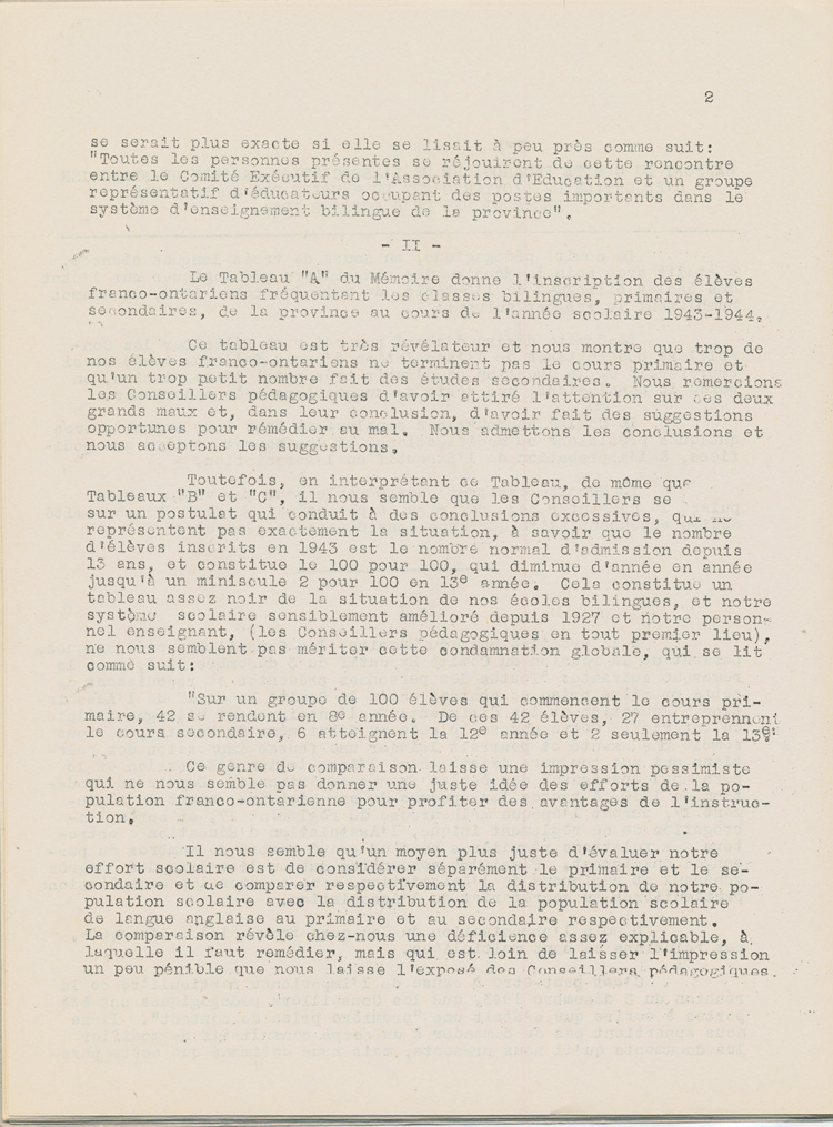 Reproduction de la douzi&egrave;me page de Une &eacute;tude sur l’&eacute;tat des &eacute;coles bilingues de l’Ontario, par Robert Gauthier, Ren&eacute; Lamoureux, Henri Lemieux, Ad&eacute;lard Gascon, Laurier Carri&egrave;re et Joseph Beaulieu, octobre 1944.