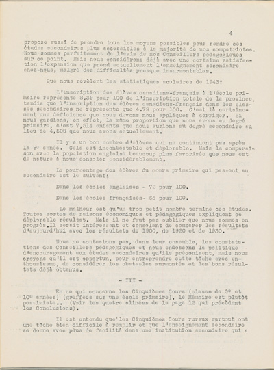 Reproduction de la quatrozi&egrave;me page de Une &eacute;tude sur l’&eacute;tat des &eacute;coles bilingues de l’Ontario, par Robert Gauthier, Ren&eacute; Lamoureux, Henri Lemieux, Ad&eacute;lard Gascon, Laurier Carri&egrave;re et Joseph Beaulieu, octobre 1944.