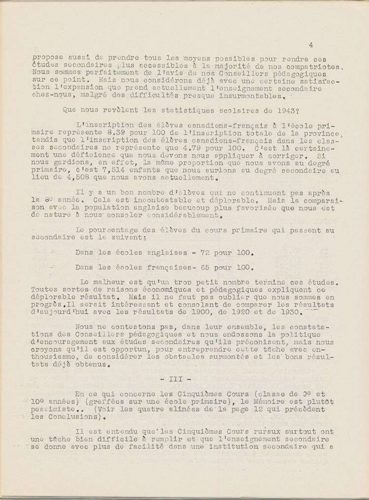Reproduction de la quatrozi&egrave;me page de Une &eacute;tude sur l’&eacute;tat des &eacute;coles bilingues de l’Ontario, par Robert Gauthier, Ren&eacute; Lamoureux, Henri Lemieux, Ad&eacute;lard Gascon, Laurier Carri&egrave;re et Joseph Beaulieu, octobre 1944.
