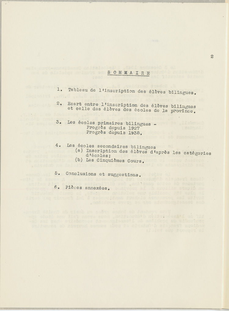 Reproduction de la deuxi&egrave;me page de Une &eacute;tude sur l’&eacute;tat des &eacute;coles bilingues de l’Ontario, par Robert Gauthier, Ren&eacute; Lamoureux, Henri Lemieux, Ad&eacute;lard Gascon, Laurier Carri&egrave;re et Joseph Beaulieu, octobre 1944.