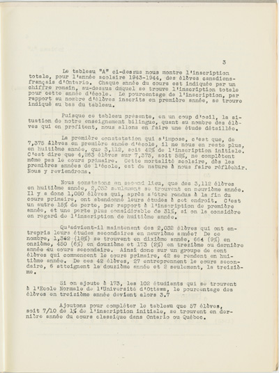 Reproduction de la troisi&egrave;me page de Une &eacute;tude sur l’&eacute;tat des &eacute;coles bilingues de l’Ontario, par Robert Gauthier, Ren&eacute; Lamoureux, Henri Lemieux, Ad&eacute;lard Gascon, Laurier Carri&egrave;re et Joseph Beaulieu, octobre 1944.