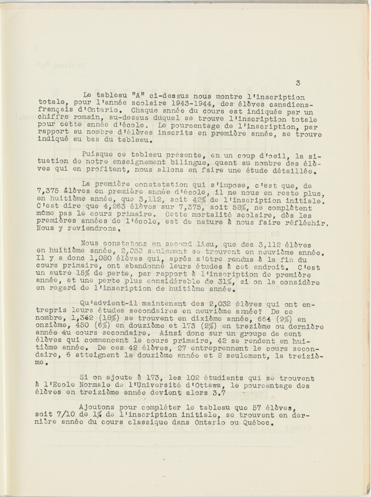 Reproduction de la troisi&egrave;me page de Une &eacute;tude sur l’&eacute;tat des &eacute;coles bilingues de l’Ontario, par Robert Gauthier, Ren&eacute; Lamoureux, Henri Lemieux, Ad&eacute;lard Gascon, Laurier Carri&egrave;re et Joseph Beaulieu, octobre 1944.
