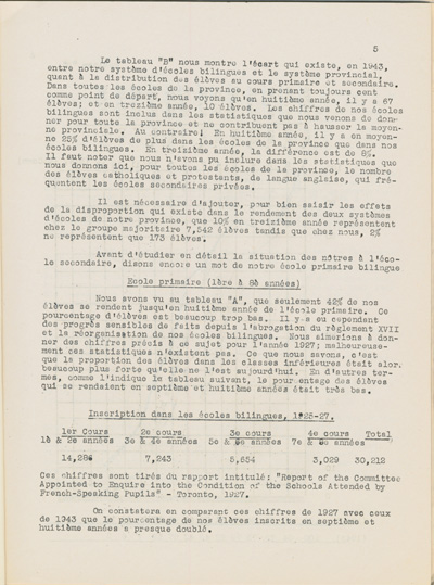 Reproduction de la cinqui&egrave;me page de Une &eacute;tude sur l’&eacute;tat des &eacute;coles bilingues de l’Ontario, par Robert Gauthier, Ren&eacute; Lamoureux, Henri Lemieux, Ad&eacute;lard Gascon, Laurier Carri&egrave;re et Joseph Beaulieu, octobre 1944.
