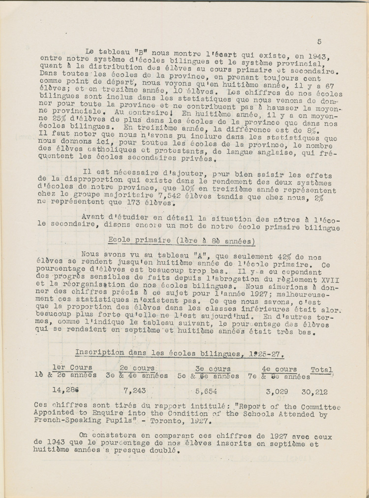 Reproduction de la cinqui&egrave;me page de Une &eacute;tude sur l’&eacute;tat des &eacute;coles bilingues de l’Ontario, par Robert Gauthier, Ren&eacute; Lamoureux, Henri Lemieux, Ad&eacute;lard Gascon, Laurier Carri&egrave;re et Joseph Beaulieu, octobre 1944.