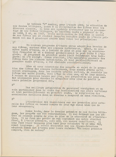 Reproduction de la septi&egrave;me page de Une &eacute;tude sur l’&eacute;tat des &eacute;coles bilingues de l’Ontario, par Robert Gauthier, Ren&eacute; Lamoureux, Henri Lemieux, Ad&eacute;lard Gascon, Laurier Carri&egrave;re et Joseph Beaulieu, octobre 1944.