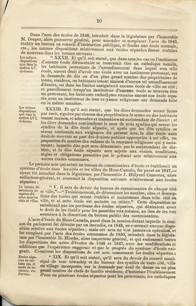 Reproduction de la dixi&egrave;me page du Rapport sp&eacute;cial sur les dispositions des &eacute;coles s&eacute;par&eacute;es de la Loi des &eacute;coles du Haut-Canada, et sur les mesures qui ont &eacute;t&eacute; adopt&eacute;es pour fournir aux arrondissements et municipalit&eacute;s des &eacute;coles, des livres classiques, appareils et biblioth&egrave;ques, par Egerton Ryerson, surintendant en chef de l’&eacute;ducation pour le Haut-Canada, 1858.