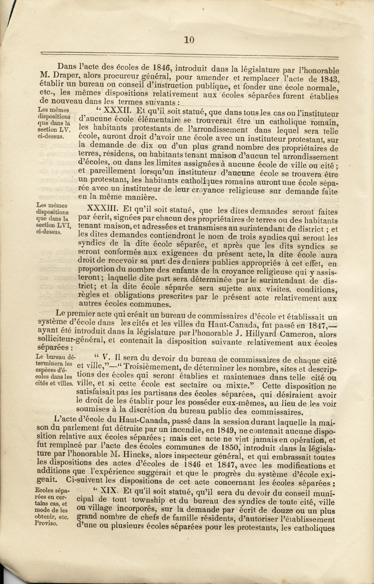 Reproduction de la dixi&egrave;me page du Rapport sp&eacute;cial sur les dispositions des &eacute;coles s&eacute;par&eacute;es de la Loi des &eacute;coles du Haut-Canada, et sur les mesures qui ont &eacute;t&eacute; adopt&eacute;es pour fournir aux arrondissements et municipalit&eacute;s des &eacute;coles, des livres classiques, appareils et biblioth&egrave;ques, par Egerton Ryerson, surintendant en chef de l’&eacute;ducation pour le Haut-Canada, 1858.