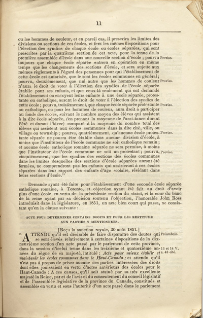 Reproduction de la onzi&egrave;me page du Rapport sp&eacute;cial sur les dispositions des &eacute;coles s&eacute;par&eacute;es de la Loi des &eacute;coles du Haut-Canada, et sur les mesures qui ont &eacute;t&eacute; adopt&eacute;es pour fournir aux arrondissements et municipalit&eacute;s des &eacute;coles, des livres classiques, appareils et biblioth&egrave;ques, par Egerton Ryerson, surintendant en chef de l’&eacute;ducation pour le Haut-Canada, 1858.