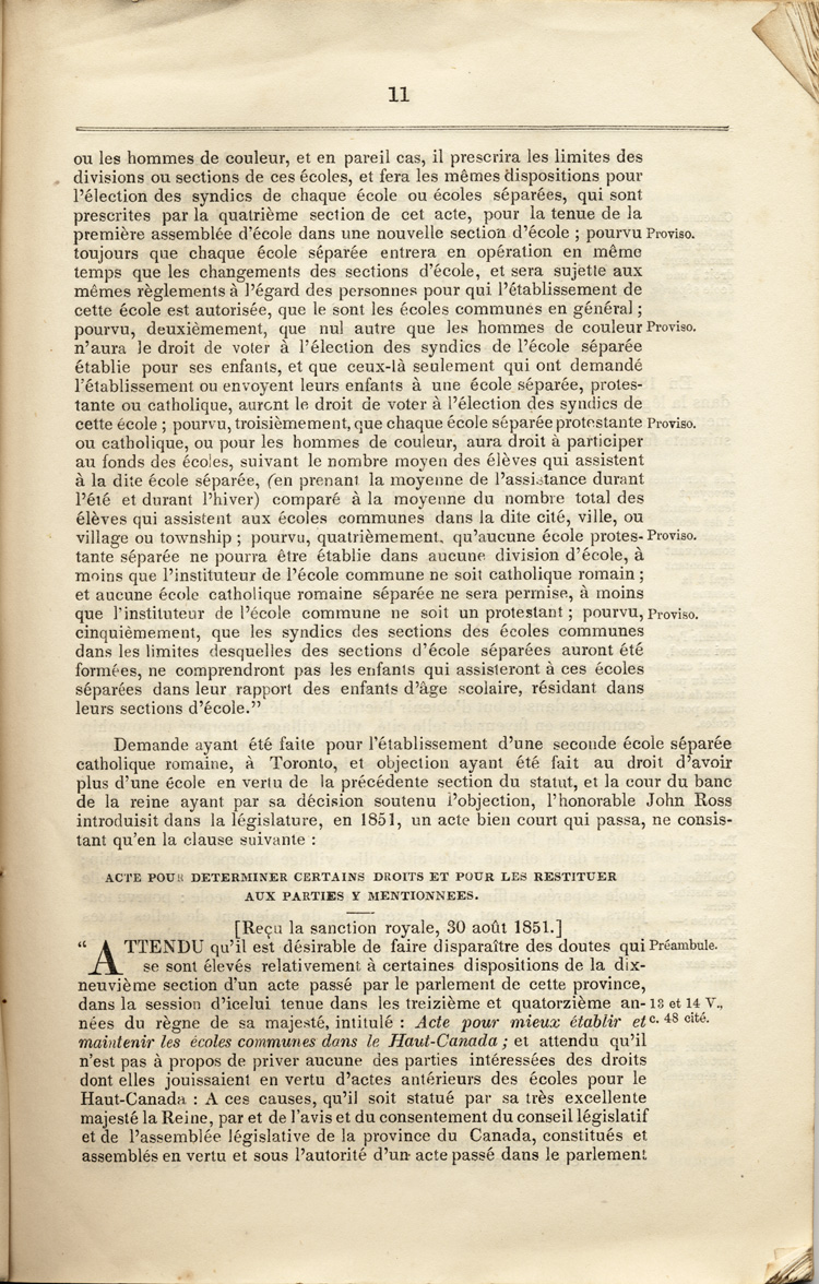 Reproduction de la onzi&egrave;me page du Rapport sp&eacute;cial sur les dispositions des &eacute;coles s&eacute;par&eacute;es de la Loi des &eacute;coles du Haut-Canada, et sur les mesures qui ont &eacute;t&eacute; adopt&eacute;es pour fournir aux arrondissements et municipalit&eacute;s des &eacute;coles, des livres classiques, appareils et biblioth&egrave;ques, par Egerton Ryerson, surintendant en chef de l’&eacute;ducation pour le Haut-Canada, 1858.