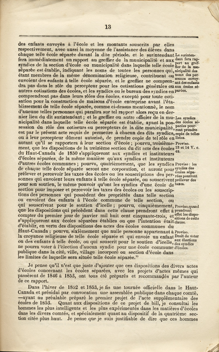 Reproduction de la treizi&egrave;me page du Rapport sp&eacute;cial sur les dispositions des &eacute;coles s&eacute;par&eacute;es de la Loi des &eacute;coles du Haut-Canada, et sur les mesures qui ont &eacute;t&eacute; adopt&eacute;es pour fournir aux arrondissements et municipalit&eacute;s des &eacute;coles, des livres classiques, appareils et biblioth&egrave;ques, par Egerton Ryerson, surintendant en chef de l’&eacute;ducation pour le Haut-Canada, 1858.