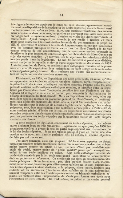 Reproduction de la quatorzi&egrave;me page du Rapport sp&eacute;cial sur les dispositions des &eacute;coles s&eacute;par&eacute;es de la Loi des &eacute;coles du Haut-Canada, et sur les mesures qui ont &eacute;t&eacute; adopt&eacute;es pour fournir aux arrondissements et municipalit&eacute;s des &eacute;coles, des livres classiques, appareils et biblioth&egrave;ques, par Egerton Ryerson, surintendant en chef de l’&eacute;ducation pour le Haut-Canada, 1858.