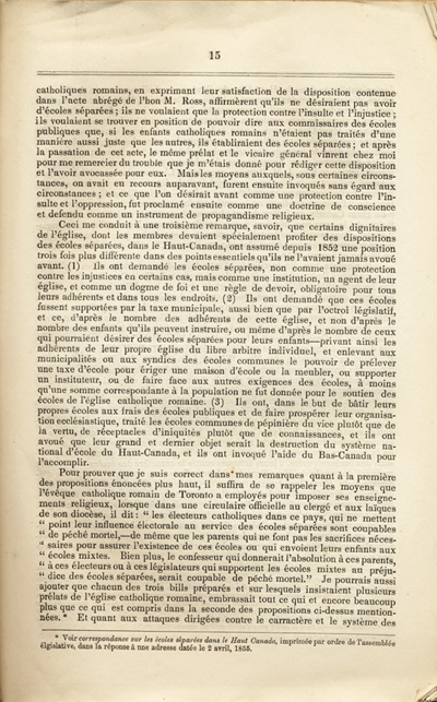 Reproduction de la quinzi&egrave;me page du Rapport sp&eacute;cial sur les dispositions des &eacute;coles s&eacute;par&eacute;es de la Loi des &eacute;coles du Haut-Canada, et sur les mesures qui ont &eacute;t&eacute; adopt&eacute;es pour fournir aux arrondissements et municipalit&eacute;s des &eacute;coles, des livres classiques, appareils et biblioth&egrave;ques, par Egerton Ryerson, surintendant en chef de l’&eacute;ducation pour le Haut-Canada, 1858.