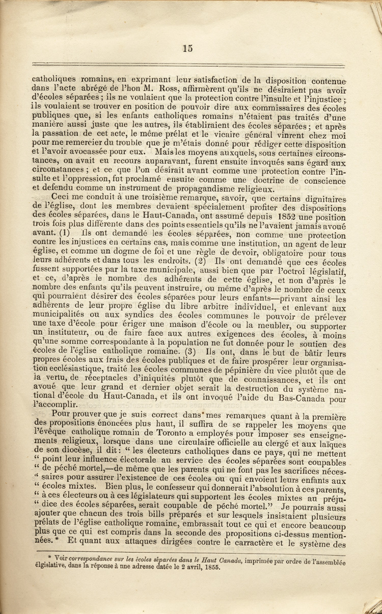 Reproduction de la quinzi&egrave;me page du Rapport sp&eacute;cial sur les dispositions des &eacute;coles s&eacute;par&eacute;es de la Loi des &eacute;coles du Haut-Canada, et sur les mesures qui ont &eacute;t&eacute; adopt&eacute;es pour fournir aux arrondissements et municipalit&eacute;s des &eacute;coles, des livres classiques, appareils et biblioth&egrave;ques, par Egerton Ryerson, surintendant en chef de l’&eacute;ducation pour le Haut-Canada, 1858.
