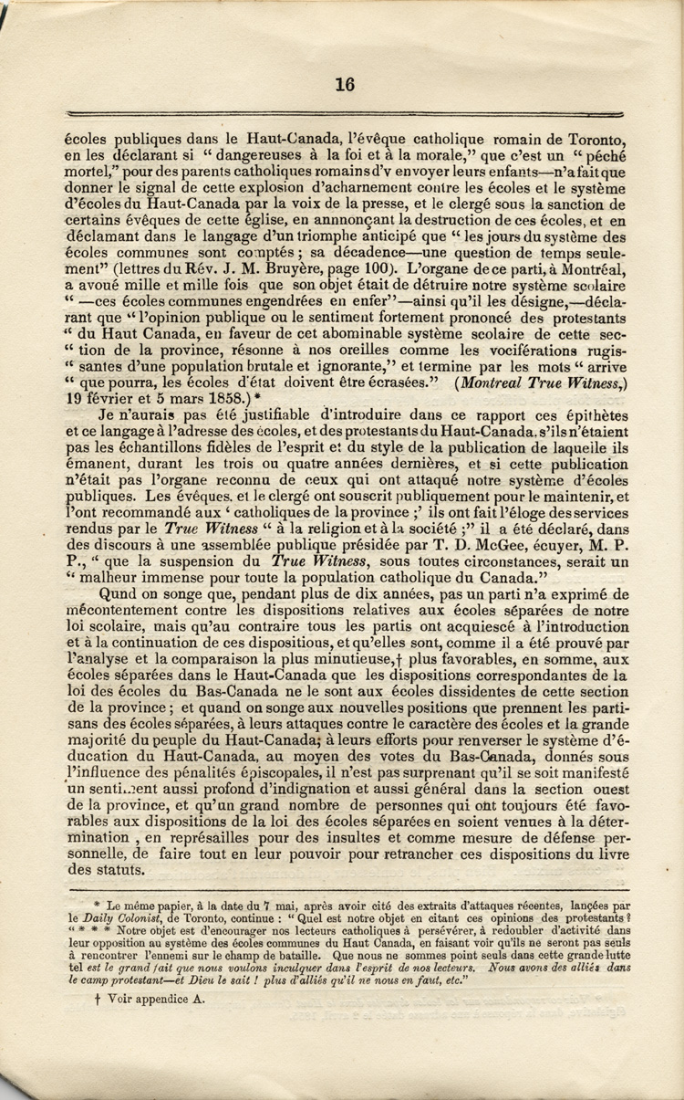 Reproduction de la seizi&egrave;me page du Rapport sp&eacute;cial sur les dispositions des &eacute;coles s&eacute;par&eacute;es de la Loi des &eacute;coles du Haut-Canada, et sur les mesures qui ont &eacute;t&eacute; adopt&eacute;es pour fournir aux arrondissements et municipalit&eacute;s des &eacute;coles, des livres classiques, appareils et biblioth&egrave;ques, par Egerton Ryerson, surintendant en chef de l’&eacute;ducation pour le Haut-Canada, 1858.