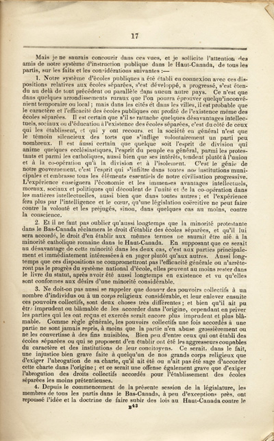 Reproduction de la dix-septi&egrave;me page du Rapport sp&eacute;cial sur les dispositions des &eacute;coles s&eacute;par&eacute;es de la Loi des &eacute;coles du Haut-Canada, et sur les mesures qui ont &eacute;t&eacute; adopt&eacute;es pour fournir aux arrondissements et municipalit&eacute;s des &eacute;coles, des livres classiques, appareils et biblioth&egrave;ques, par Egerton Ryerson, surintendant en chef de l’&eacute;ducation pour le Haut-Canada, 1858.