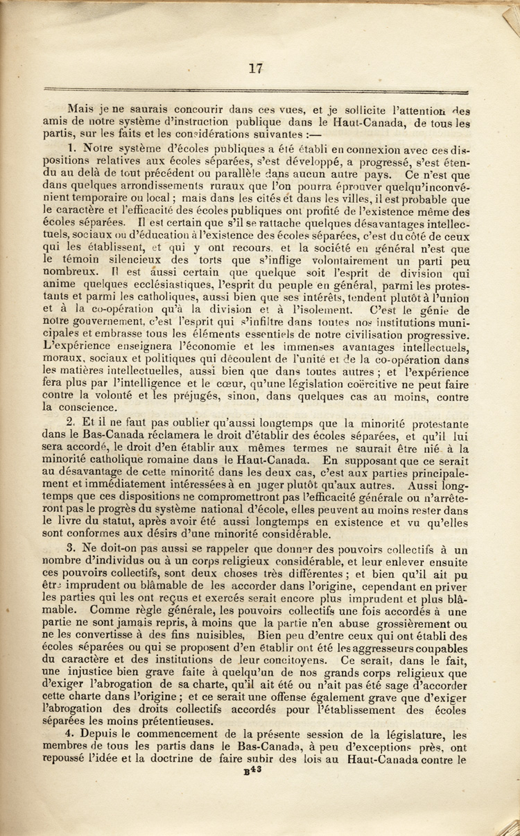 Reproduction de la dix-septi&egrave;me page du Rapport sp&eacute;cial sur les dispositions des &eacute;coles s&eacute;par&eacute;es de la Loi des &eacute;coles du Haut-Canada, et sur les mesures qui ont &eacute;t&eacute; adopt&eacute;es pour fournir aux arrondissements et municipalit&eacute;s des &eacute;coles, des livres classiques, appareils et biblioth&egrave;ques, par Egerton Ryerson, surintendant en chef de l’&eacute;ducation pour le Haut-Canada, 1858.