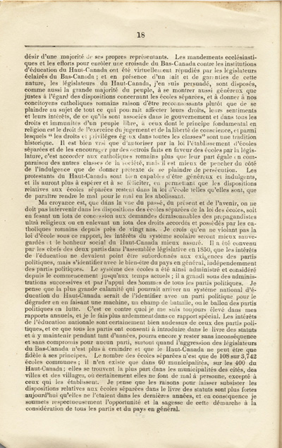Reproduction de la dix-huiti&egrave;me page du Rapport sp&eacute;cial sur les dispositions des &eacute;coles s&eacute;par&eacute;es de la Loi des &eacute;coles du Haut-Canada, et sur les mesures qui ont &eacute;t&eacute; adopt&eacute;es pour fournir aux arrondissements et municipalit&eacute;s des &eacute;coles, des livres classiques, appareils et biblioth&egrave;ques, par Egerton Ryerson, surintendant en chef de l’&eacute;ducation pour le Haut-Canada, 1858.