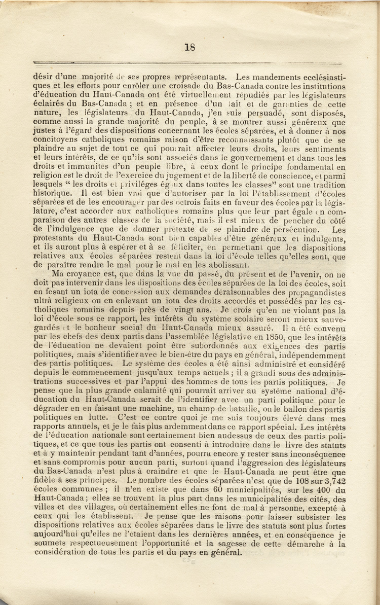 Reproduction de la dix-huiti&egrave;me page du Rapport sp&eacute;cial sur les dispositions des &eacute;coles s&eacute;par&eacute;es de la Loi des &eacute;coles du Haut-Canada, et sur les mesures qui ont &eacute;t&eacute; adopt&eacute;es pour fournir aux arrondissements et municipalit&eacute;s des &eacute;coles, des livres classiques, appareils et biblioth&egrave;ques, par Egerton Ryerson, surintendant en chef de l’&eacute;ducation pour le Haut-Canada, 1858.