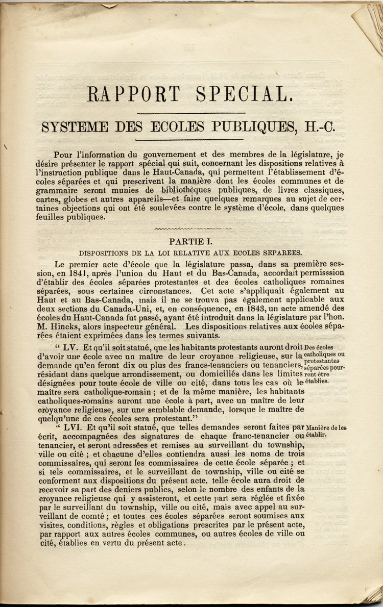 Reproduction de la neuvi&egrave;me page du Rapport sp&eacute;cial sur les dispositions des &eacute;coles s&eacute;par&eacute;es de la Loi des &eacute;coles du Haut-Canada, et sur les mesures qui ont &eacute;t&eacute; adopt&eacute;es pour fournir aux arrondissements et municipalit&eacute;s des &eacute;coles, des livres classiques, appareils et biblioth&egrave;ques, par Egerton Ryerson, surintendant en chef de l’&eacute;ducation pour le Haut-Canada, 1858.