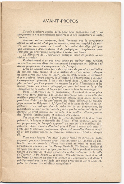 Reproduction de la premi&egrave;re page de l’avant-propos du Programme d’enseignement bilingue de l’Association canadienne-fran&ccedil;aise d’&eacute;ducation d’Ontario, 1925.