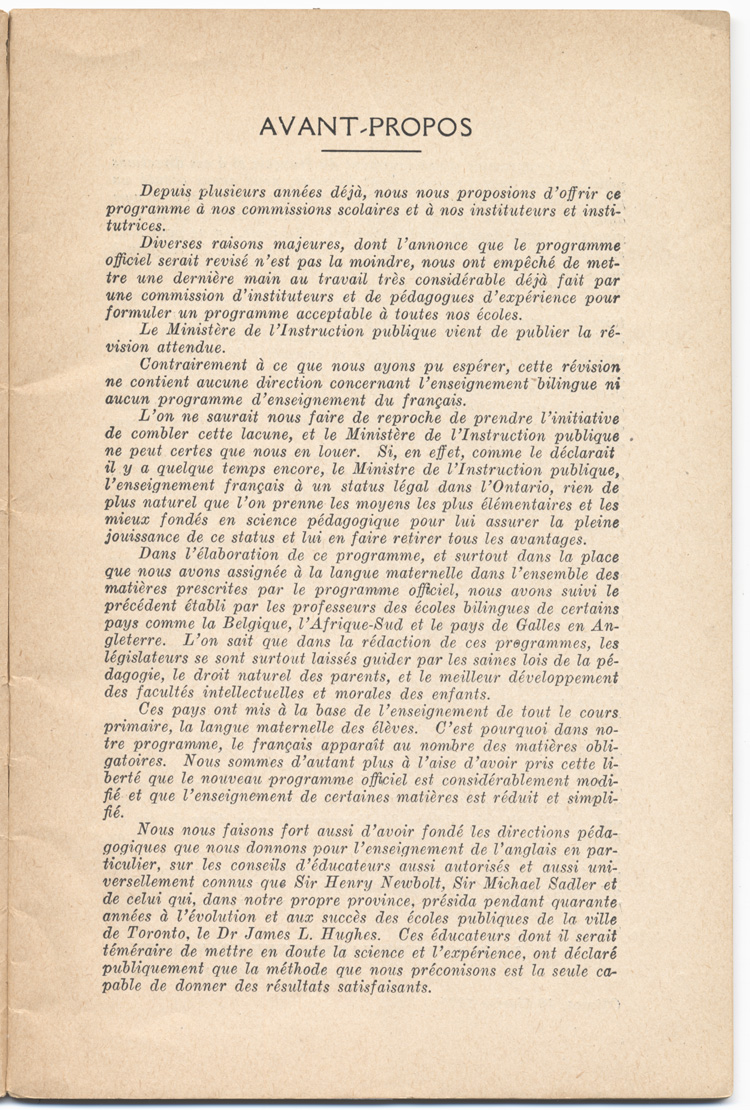 Reproduction de la premi&egrave;re page de l’avant-propos du Programme d’enseignement bilingue de l’Association canadienne-fran&ccedil;aise d’&eacute;ducation d’Ontario, 1925.