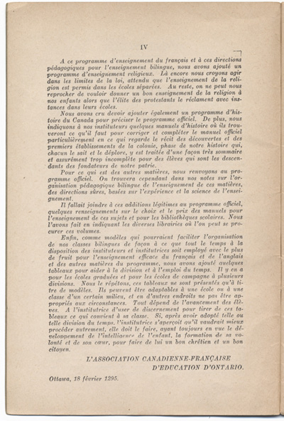 Reproduction de la deuxi&egrave;me page de l’avant-propos du Programme d’enseignement bilingue de l’Association canadienne-fran&ccedil;aise d’&eacute;ducation d’Ontario, 1925.