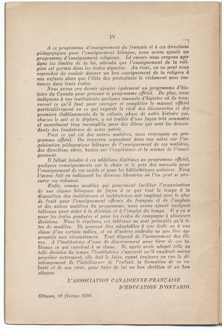 Reproduction de la deuxi&egrave;me page de l’avant-propos du Programme d’enseignement bilingue de l’Association canadienne-fran&ccedil;aise d’&eacute;ducation d’Ontario, 1925.