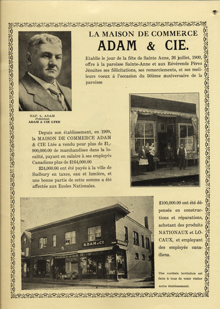 Reproduction de la trente-sixième page de Souvenir du cinquantenaire de la paroisse Ste-Anne, Sudbury, Ontario, 1883-1933, comprenant une annonce publicitaire de la maison de commerce Adam & Cie, 1933.