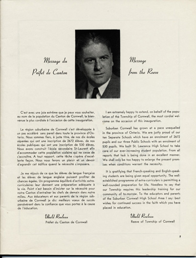 Reproduction de la cinqui&egrave;me page de Souvenir, l&middot;album de l&middot;inauguration officielle de l&middot;&Eacute;cole secondaire St-Laurent de Cornwall (Ontario), comprenant le message de Ubald Rouleau, pr&eacute;fet du Canton de Cornwall, lors de l&middot;inauguration de l&middot;&eacute;cole, juin 1951.
