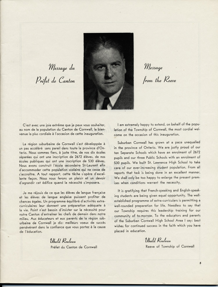 Reproduction de la cinqui&egrave;me page de Souvenir, l’album de l’inauguration officielle de l’&Eacute;cole secondaire St-Laurent de Cornwall (Ontario), comprenant le message de Ubald Rouleau, pr&eacute;fet du Canton de Cornwall, lors de l’inauguration de l’&eacute;cole, juin 1951.