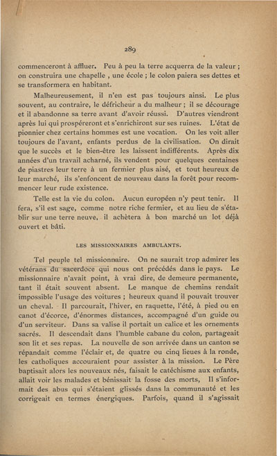 Reproduction de la deux cent quatre-vingt-neuvi&egrave;me page du premier tome de Histoire de la province eccl&eacute;siastique d’Ottawa et de la colonisation de la vall&eacute;e de l’Ottawa, par Alexis de Barbezieux, d&eacute;crivant la premi&egrave;re ann&eacute;e de la vie d’une famille de colon, dont la construction d’une cabane et le d&eacute;frichage de la terre, 1897.