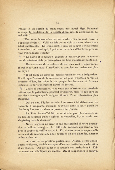 Reproduction de la quatre-vingt-quatorzi&egrave;me page du deuxi&egrave;me tome de l’Histoire de la province eccl&eacute;siastique d’Ottawa et de la colonisation dans la vall&eacute;e de l’Ottawa par Alexis de Barbezieux, comprenant une extrait du mandement de M<SUP>gr</SUP> Joseph-Thomas Duhamel, &eacute;v&ecirc;que d’Ottawa, annon&ccedil;ant la fondation de la Soci&eacute;t&eacute; de colonisation du dioc&egrave;se d’Ottawa de colonisation, 4 mai 1884, 1897.