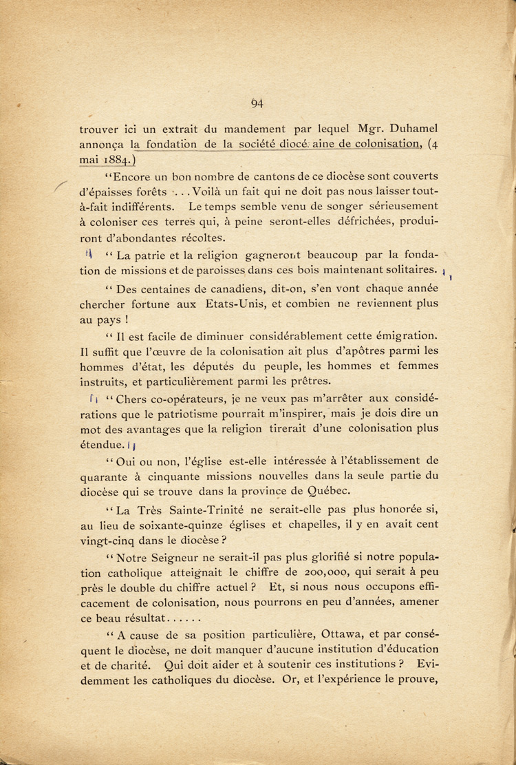Reproduction de la quatre-vingt-quatorzi&egrave;me page du deuxi&egrave;me tome de l’Histoire de la province eccl&eacute;siastique d’Ottawa et de la colonisation dans la vall&eacute;e de l’Ottawa par Alexis de Barbezieux, comprenant une extrait du mandement de Mgr Joseph-Thomas Duhamel, &eacute;v&ecirc;que d’Ottawa, annon&ccedil;ant la fondation de la Soci&eacute;t&eacute; de colonisation du dioc&egrave;se d’Ottawa de colonisation, 4 mai 1884, 1897.
