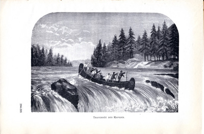 Reproduction de la deux cent quatre-vingt-quatorzi&egrave;me et deux cent quatre-vingt-quinzi&egrave;me planche de Le Canada h&eacute;ro&iuml;que et pittoresque par Alexis de Barbezieux, comprenant une illustration d’une descente d’un rapide en canot voyageur, 1927.