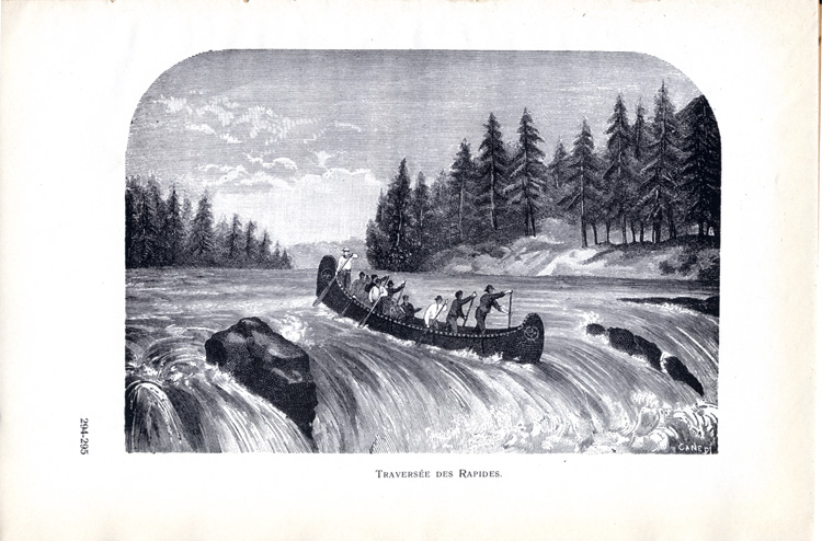 Reproduction de la deux cent quatre-vingt-quatorzi&egrave;me et deux cent quatre-vingt-quinzi&egrave;me planche de Le Canada h&eacute;ro&iuml;que et pittoresque par Alexis de Barbezieux, comprenant une illustration d’une descente d’un rapide en canot voyageur, 1927.