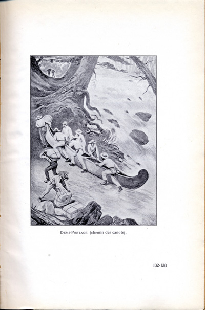 Reproduction de la cent trente-deuxi&egrave;me et cent trente-troisi&egrave;me planche de Le Canada h&eacute;ro&iuml;que et pittoresque par Alexis de Barbezieux, comprenant une illustration d’un demi-portage (chemin des canots), 1927.
