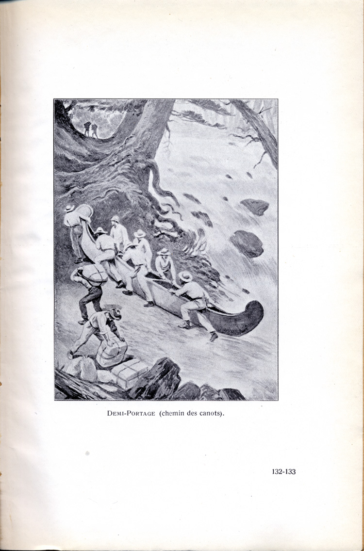 Reproduction de la cent trente-deuxi&egrave;me et cent trente-troisi&egrave;me planche de Le Canada h&eacute;ro&iuml;que et pittoresque par Alexis de Barbezieux, comprenant une illustration d’un demi-portage (chemin des canots), 1927.