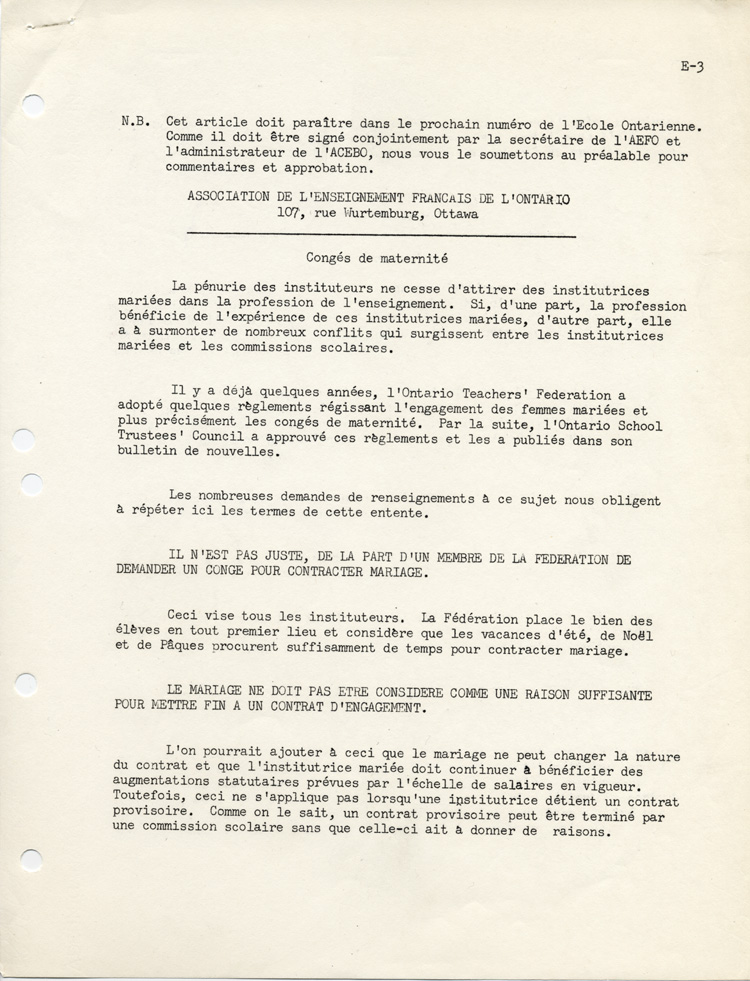 Reproduction de la première page d’un article de l’Association de l’enseignement français de l’Ontario (AEFO), conjointement avec l’Association des commissaires des écoles bilingues de l’Ontario (ACEBO), pour L’école ontarienne, 1962.