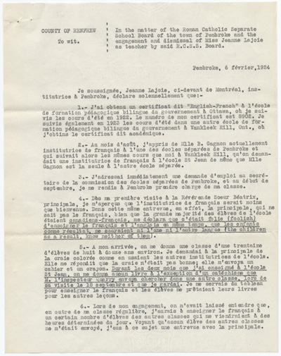 Reproduction de la premi&egrave;re page d’une d&eacute;claration du t&eacute;moin Jeanne Lajoie dans une cause du Conseil des &eacute;coles catholiques romaines s&eacute;par&eacute;es de Pembrooke (Ontario) au sujet de l’embauche et du cong&eacute;diement de Jeanne Lajoie, 26 f&eacute;vrier 1924. 
