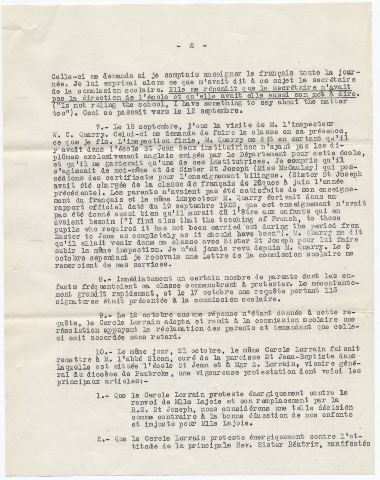 Reproduction de la deuxi&egrave;me page d’une d&eacute;claration du t&eacute;moin Jeanne Lajoie dans une cause du Conseil des &eacute;coles catholiques romaines s&eacute;par&eacute;es de Pembrooke (Ontario) au sujet de l’embauche et du cong&eacute;diement de Jeanne Lajoie, 26 f&eacute;vrier 1924. 
