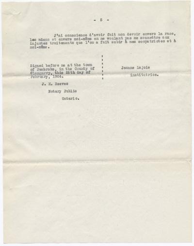 Reproduction de la cinqui&egrave;me page d’une d&eacute;claration du t&eacute;moin Jeanne Lajoie dans une cause du Conseil des &eacute;coles catholiques romaines s&eacute;par&eacute;es de Pembrooke (Ontario) au sujet de l’embauche et du cong&eacute;diement de Jeanne Lajoie, 26 f&eacute;vrier 1924. 