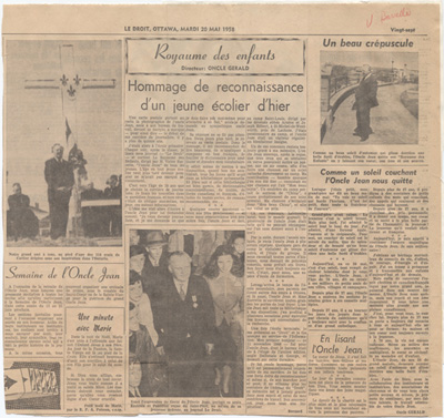 Reproduction de la vingt-septi&egrave;me page du journal Le Droit, num&eacute;ro du 20 mai 1958, comprenant les articles r&eacute;dig&eacute;s sous la direction de l’Oncle G&eacute;rald, G&eacute;rald Boutet, et des photographies de l’Oncle Jean, Victor Barrette, regroup&eacute;s sous la chronique intitul&eacute;e Royaume des enfants.