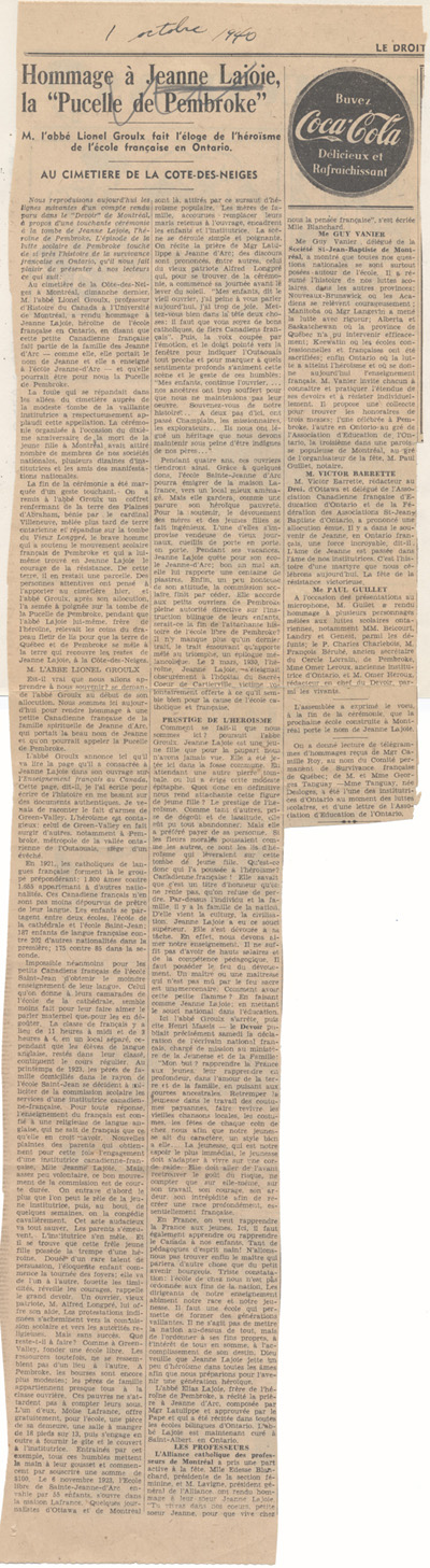 Reproduction d’un article paru dans le journal Le Droit et intitul&eacute; Hommage &agrave; Jeanne Lajoie, la Pucelle de Pembroke, 1er octobre 1940.