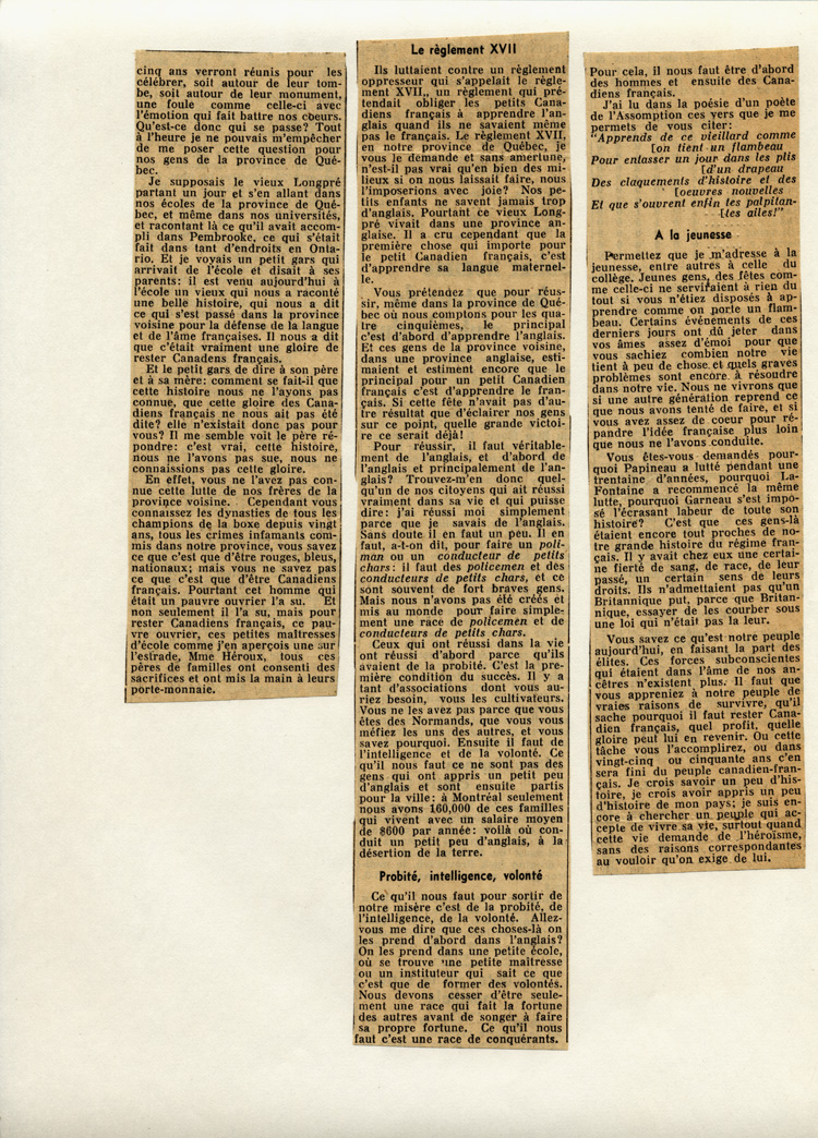 Reproduction de la deuxi&egrave;me partie d’un article paru dans Le Devoir et intitul&eacute; L’hommage au patriote Alfred Longpr&eacute; &agrave; L’Assomption, relatant le d&eacute;voilement d’un monument en son honneur, 3 octobre 1938.