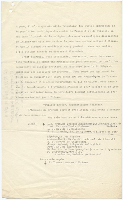 Reproduction de la deuxi&egrave;me page d’une copie d’une lettre de repr&eacute;sentants de la hi&eacute;rarchie catholique du Qu&eacute;bec au cardinal Ledochowski, pr&eacute;fet de la Sacr&eacute;e Congr&eacute;gation de la propagande de la foi, &agrave; Rome, 25 f&eacute;vrier 1897.